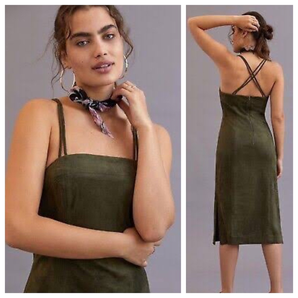 ANTHROPOLOGIE Sueded Strappy Slip Midi Dress Green 2 Forest Fairy